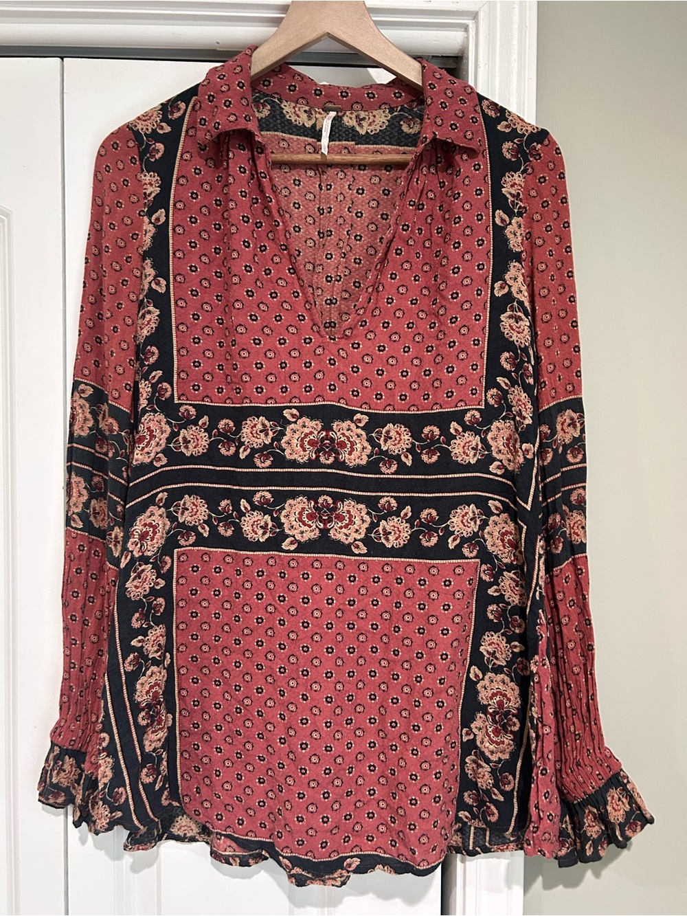 Free People Rust and Black Floral Patchwork Tunic Blouse